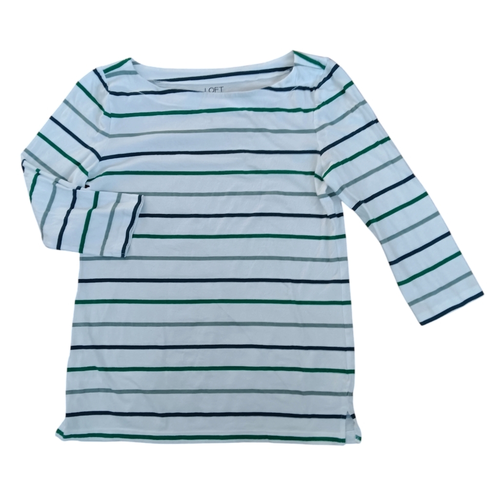 LOFT WOMEN'S SIZE SMALL GREN AND WHITE STRIPED MID SLEEVE BLOUSE.